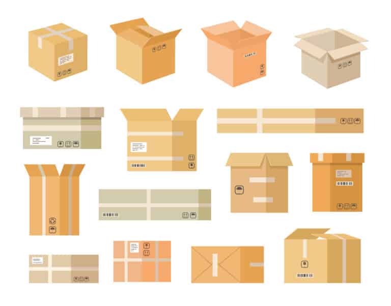 Various cardboard boxes flat icon set. Open paper and carton packages isolated vector illustration collection. Shipping, delivery and storage packaging concept