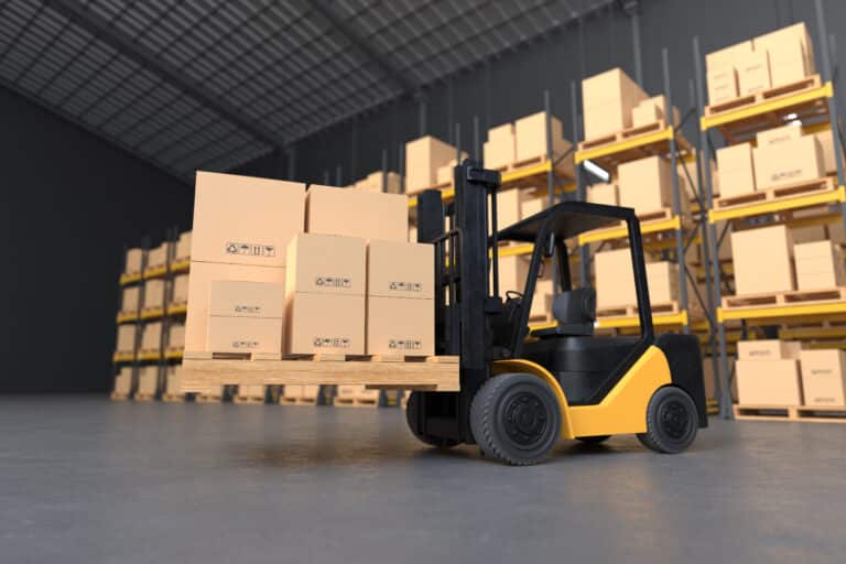 Forklift is lifting a wooden pallet in a warehouse. 3d illustration