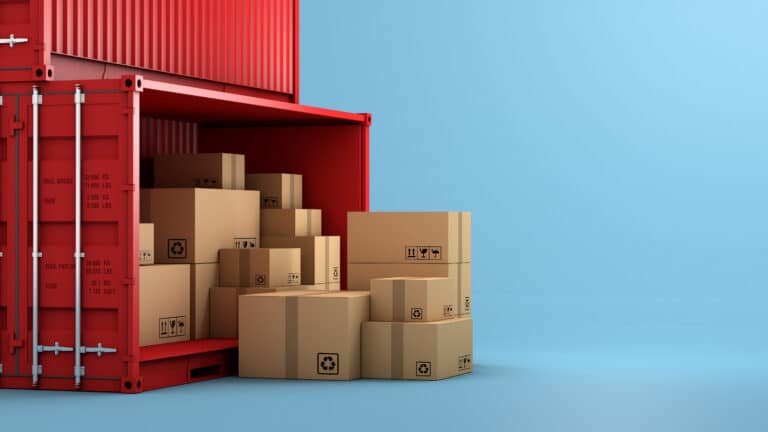 Stack of brown box packaging and container, import export shipping business, 3d rendering